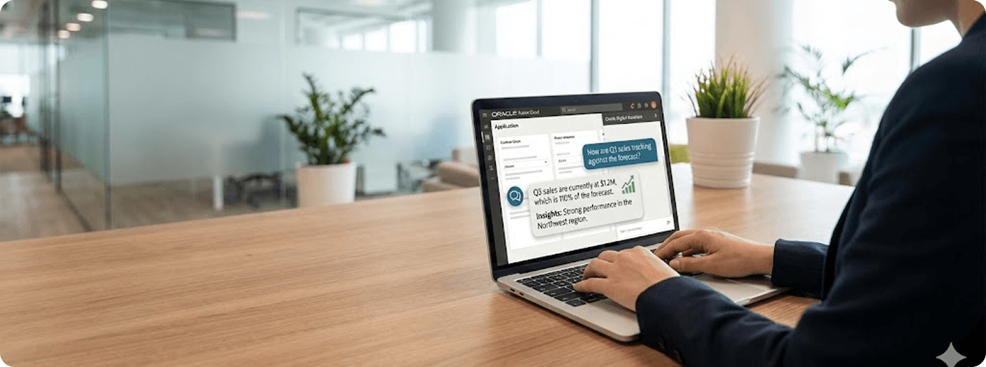 Professional using Oracle Digital Assistant on laptop in modern office